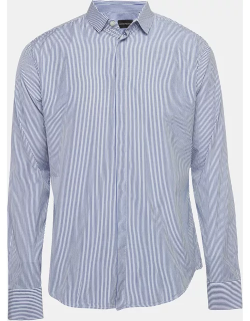 Emporio Armani Blue Striped Cotton Blend Button Front Shirt