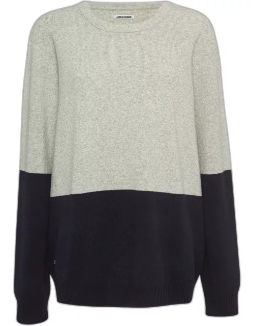 Zadig & Voltaire Grey/Navy Blue Wool Rib Knit Crew Neck Sweater