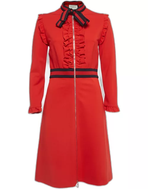 Gucci Red Jersey Tie Neck Ruffled Dress