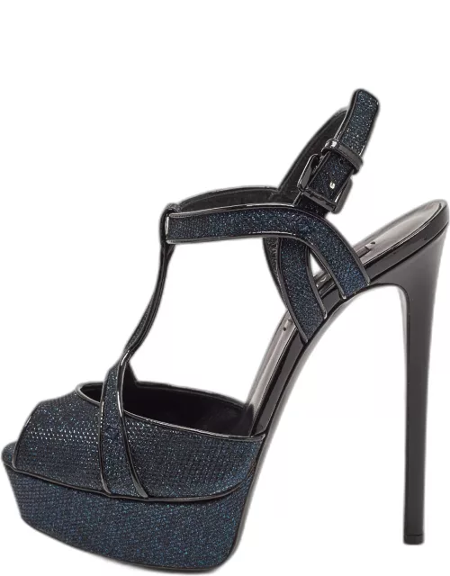 Casadei Navy Blue/Black Glitter and Patent Leather Platform Sandal