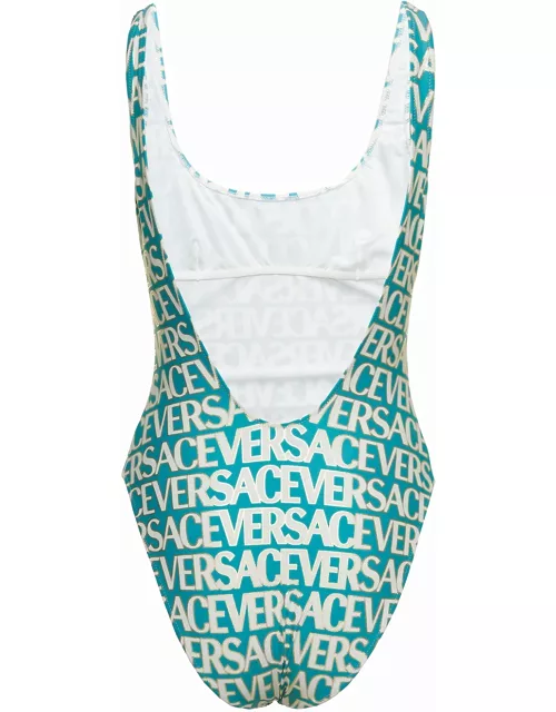 Versace Blue One-piece Swimsuit With All-over Logo Lettering Print In Stretch Tech Fabric Woman