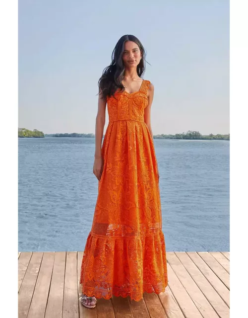 Orange Guipure Sleeveless Maxi Dress, ORANGE /