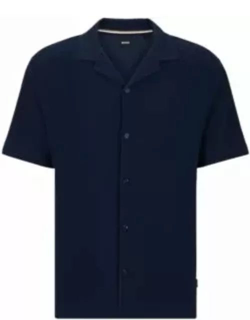 Regular-fit shirt in cotton boucl with ribbed collar- Dark Blue Men's Polo Shirt