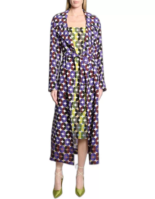Rolana Abstract-Print Belted Long Trench Coat