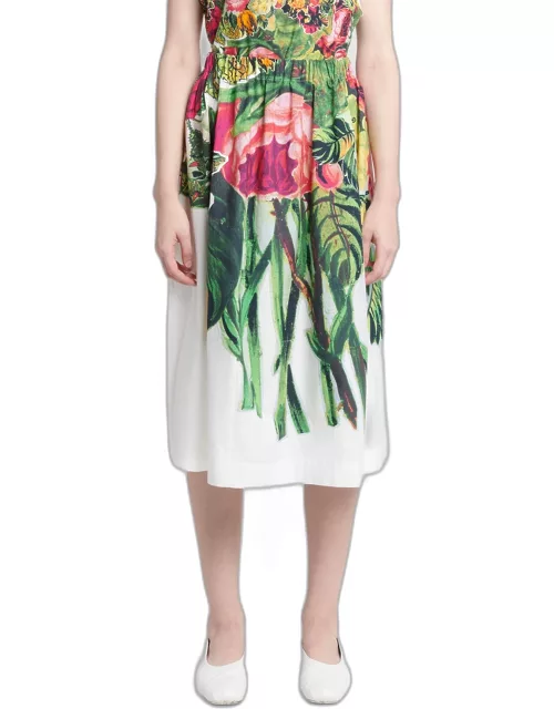 Bouquet-Print A-Line Midi Pull-On Skirt