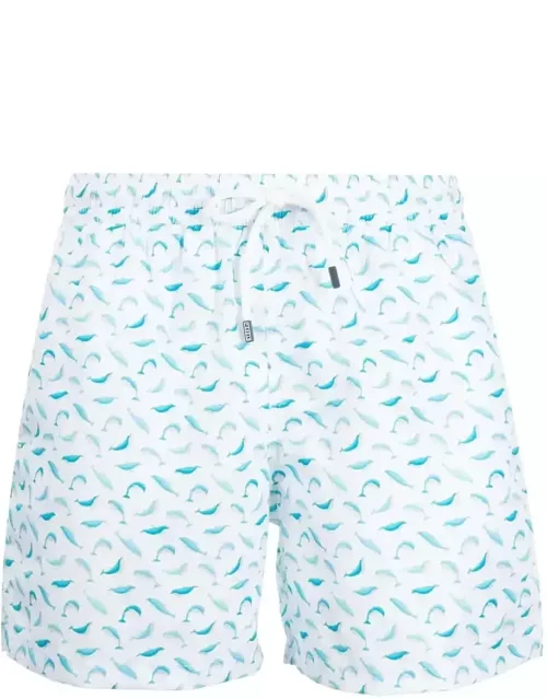 Fedeli White Swim Shorts With Blue Dolphin Pattern