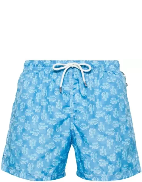 Fedeli Sky Blue Swim Shorts With Lobster Pattern