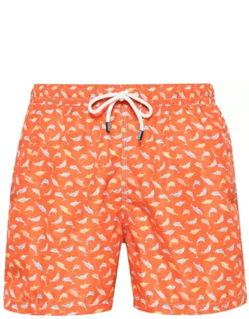 Fedeli Orange Swim Shorts With Dolphin Pattern