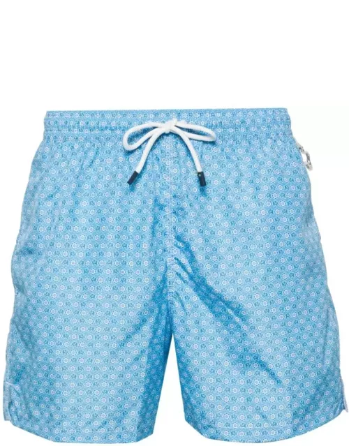 Fedeli Light Blue Swim Shorts With Elephants And Flowers Pattern