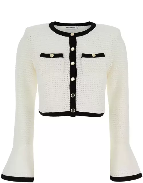 self-portrait White Knit Cardigan With Contrasting Trim In Fabric Woman