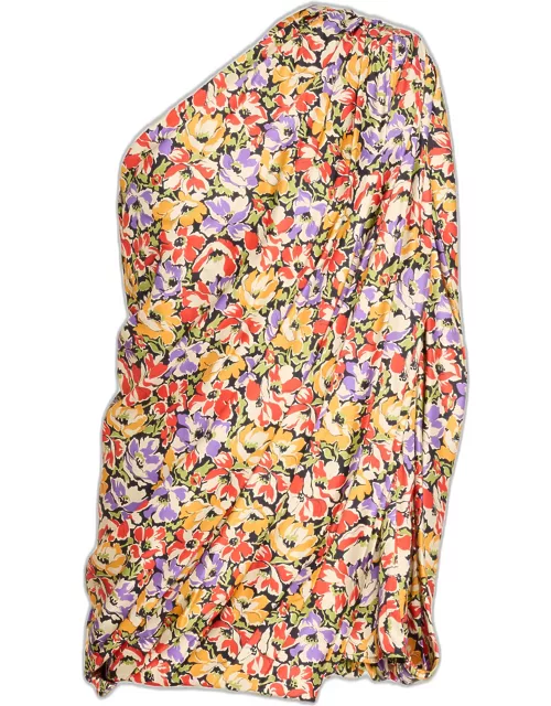 One-Shoulder Draped Floral Print Mini Dres