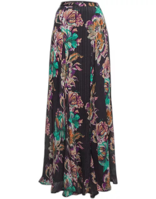 Etro Black Floral Printed Crinkled Silk Maxi Skirt
