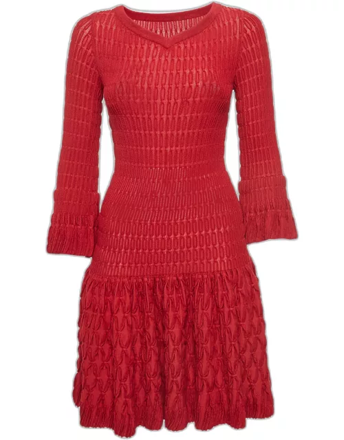 Alaia Red Chenille Wool Patterned Long Sleeve Skater Dress