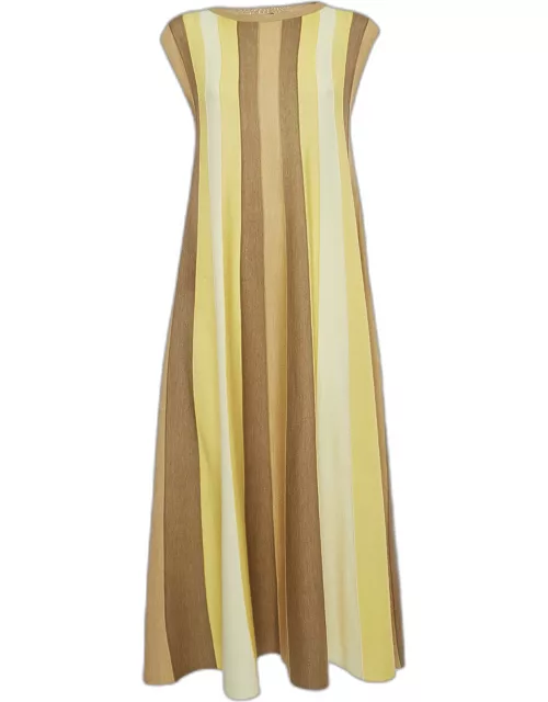 Loro Piana Yellow Stripe Cashmere Knit Sleeveless Flared Maxi Dress