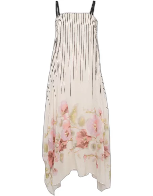 Sportmax Pink Stripe and floral Print Cotton Asymmetric Midi Dress