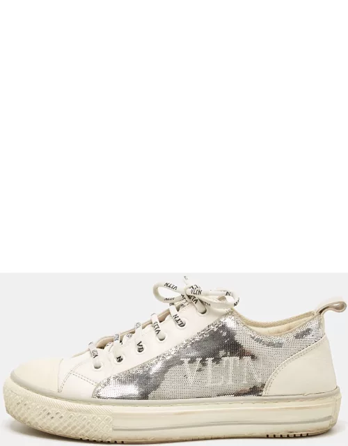 Valentino Silver/White Leather and Sequins Lace Up Sneaker