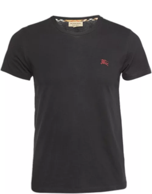 Burberry Black Cotton Logo Embroidered Crew Neck T-Shirt