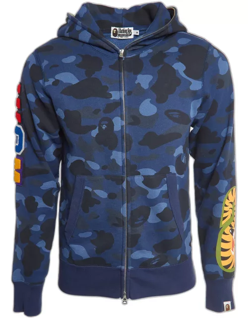 A Bathing Ape Navy Blue Camou Print Shark Embroidered Zip Up Jacket