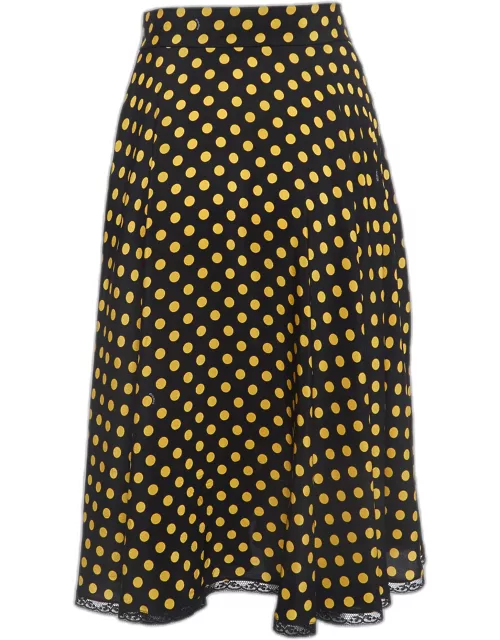 Miu Miu Black Dotted Silk Lace Trimmed Midi Skirt