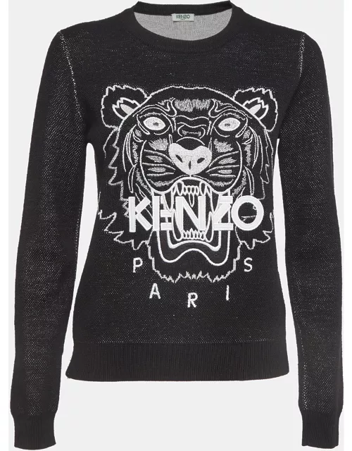 Kenzo Black Tiger Logo Embroidered Wool Blend Crew Neck Sweater