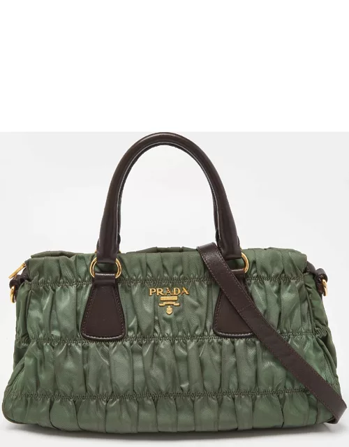 Prada Green/Brown Gaufre Nylon and Leather Tote