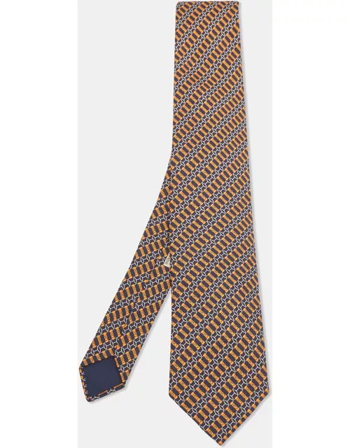 Hermes Navy Blue/Orange Chain Link Print Silk Tie
