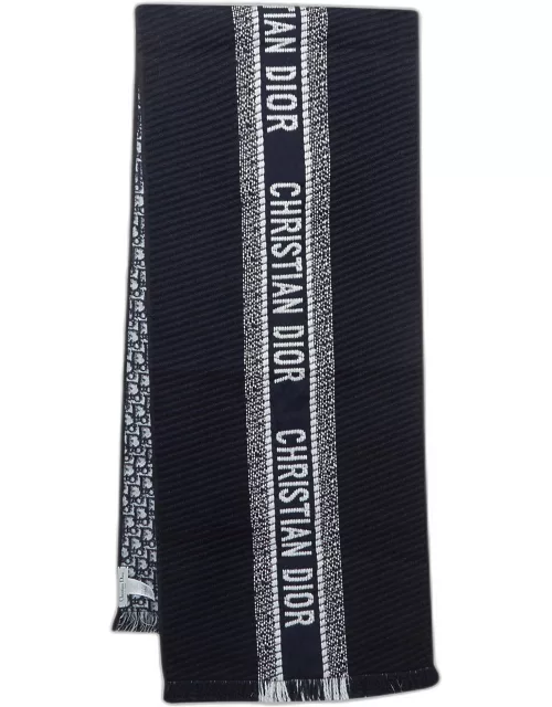 Dior Navy Blue Oblique University Wool & Silk Reversible Scarf
