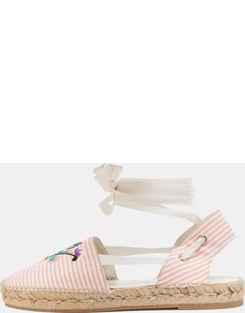 Roger Vivier Pink/White Stripe Fabric Embroidered Ankle Wrap Espadrilles Flat