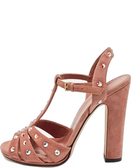 Gucci Pink Suede Crystal Embellished Ankle Strap Sandal