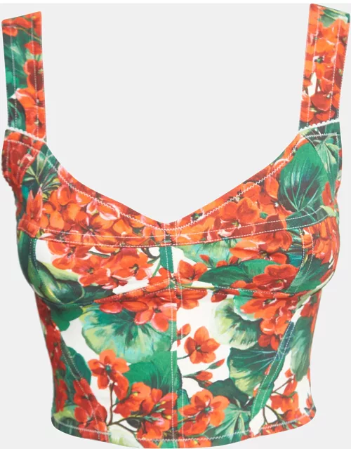 Dolce & Gabbana Red Floral Print Crepe Sleeveless Corset Crop Top