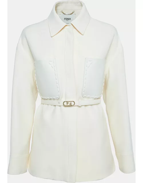 Fendi Off White Leather Trim Wool Belted Go-To Jacket