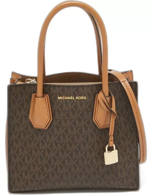 Michael Kors Brown/Beige Signature Coated Canvas and Leather Small Mercer Tote