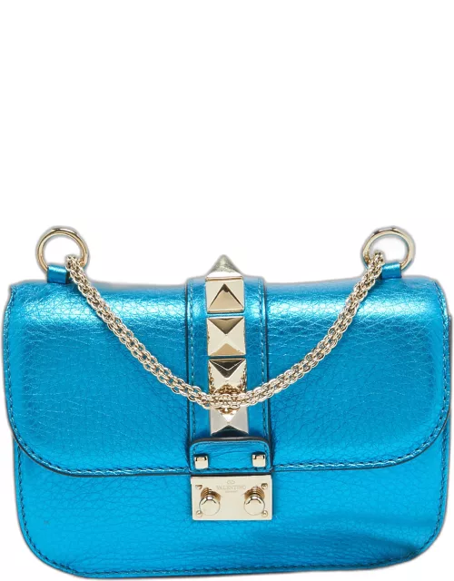 Valentino Metallic Blue Leather Small Rockstud Glam Lock Flap Bag
