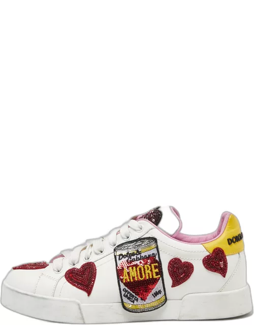 Dolce & Gabbana White/Red Leather Amore Heart Embroidered Low Top Sneaker