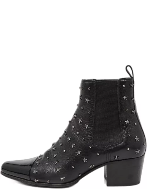 Balmain Black Leather and Patent Studded Ankle Boot
