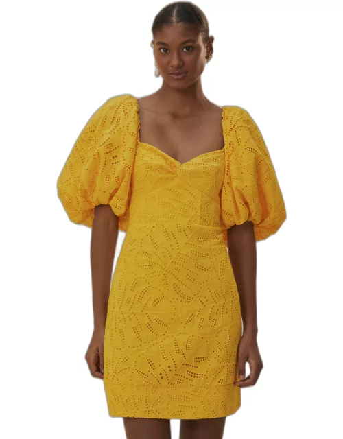 Yellow Monstera Eyelet Short Sleeve Mini Dress, YELLOW /