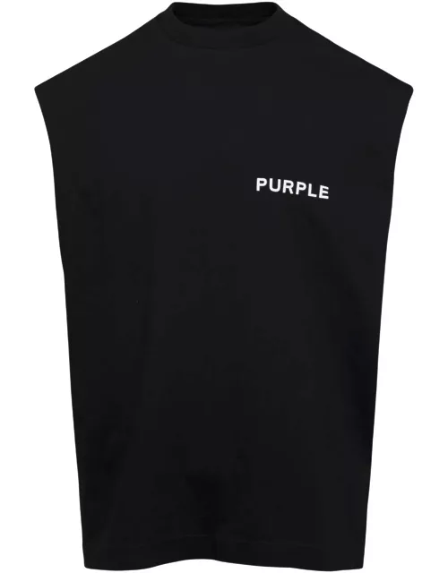 Purple Brand Black Sleeveless Crew Neck T-shirt With Logo Print In Cotton Man