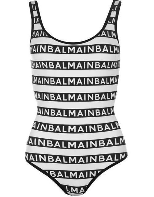 BALMAIN Logo Stripe Swimsuit - White