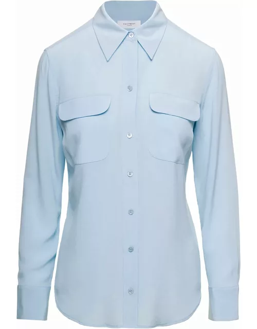 Equipment Light Blue Slim Shirt With Chest Patch Pocket In Silk Woman