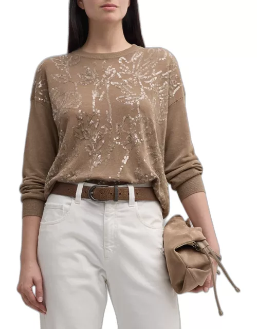 Linen Knit Sweater with Magnolia Paillette Embroidery