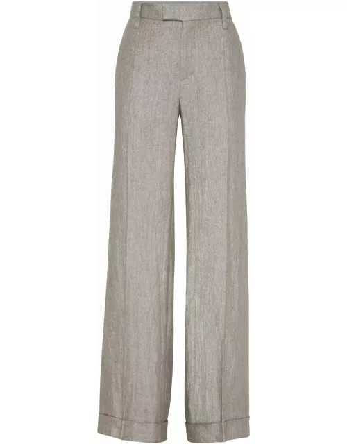 Brunello Cucinelli Loose Flared Trousers In Sparkling Twill Linen With Monile