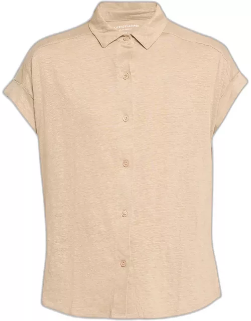 Stretch Linen Short-Sleeve Shirt with Rolled Cuff