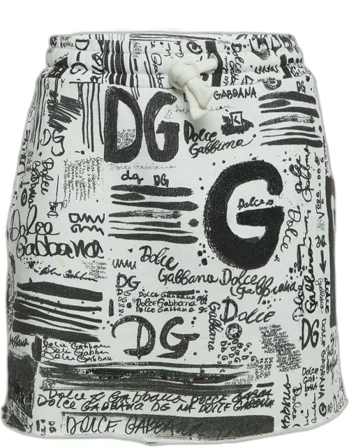 Dolce & Gabbana White Graffiti Print Cotton Drawstring Mini Skirt