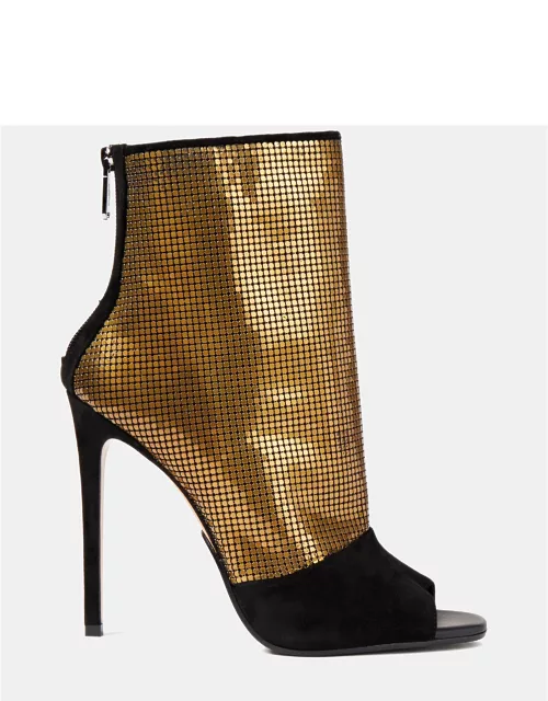 Balmain Suede Chainmail Peep Toe Ankle Boots