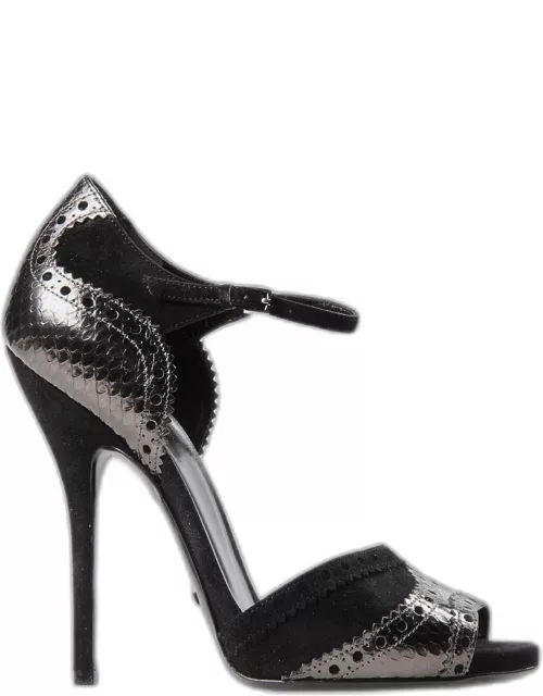 Gucci Black/Metallic Suede and Snakeskin Ankle Strap Sandal