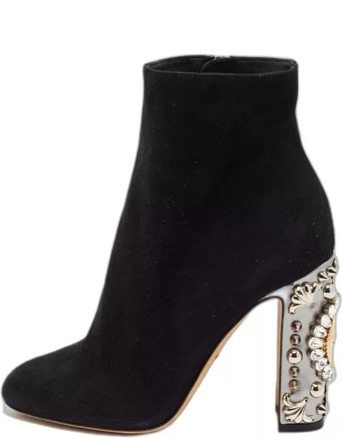 Dolce & Gabbana Black Suede Crystal Embellished Clock Heel Ankle Boot
