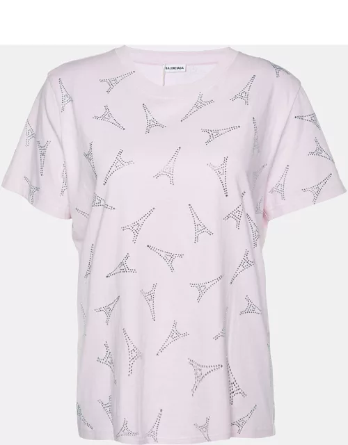 Balenciaga Pink Cotton Eiffel Tower Crystal Studded T-Shirt
