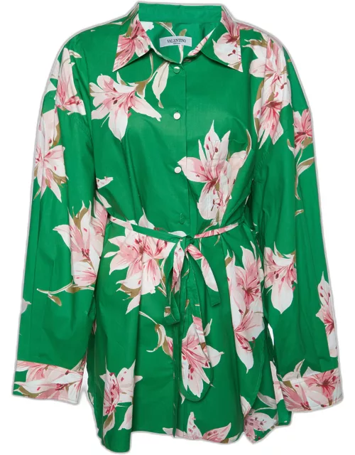 Valentino Green Floral Print Cotton Belted Shirt Dress