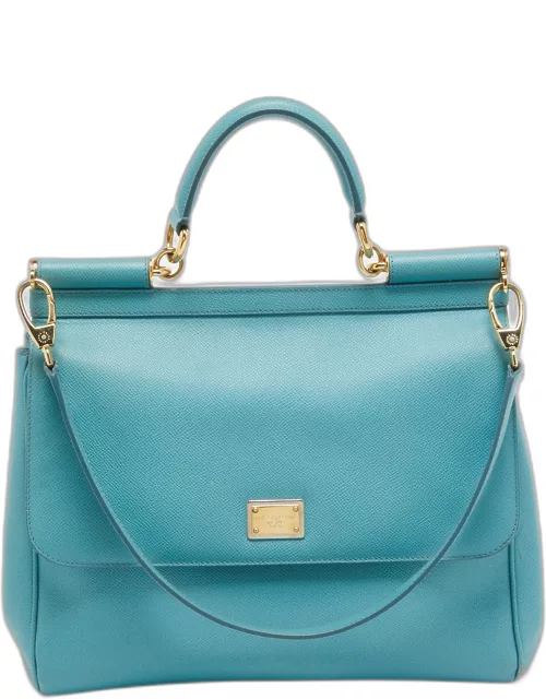 Dolce & Gabbana Light Blue Leather Large Miss Sicily Top Handle Bag
