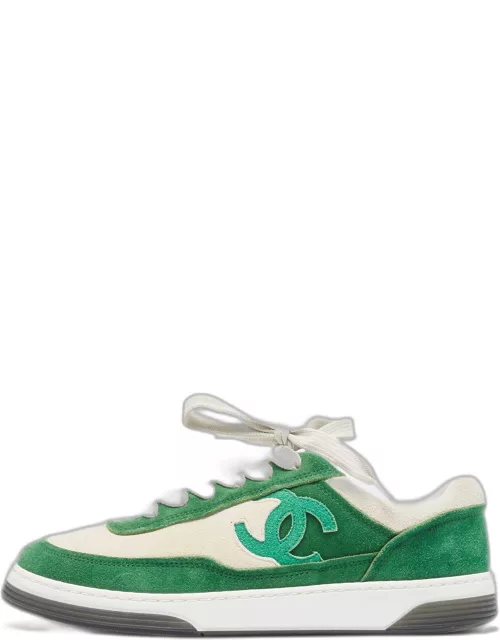 Chanel Green/White Suede CC Low Top Sneaker